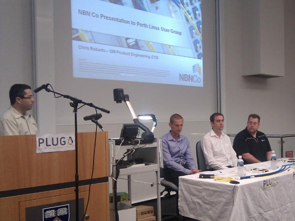 James Bromberger introducing the panel: Chris Roberts (NBN Co), Gavin Tweedie (iiNet) and Warrick Mitchel (AARNet)